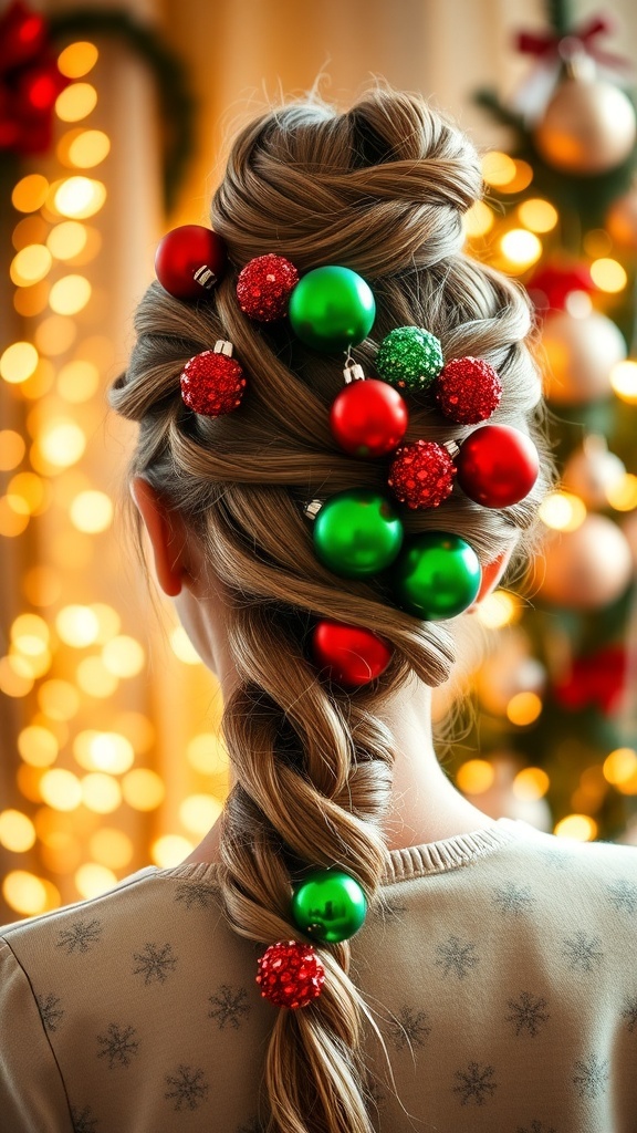 A creative hairstyle with Christmas ornaments in a braided updo, set against a holiday backdrop.